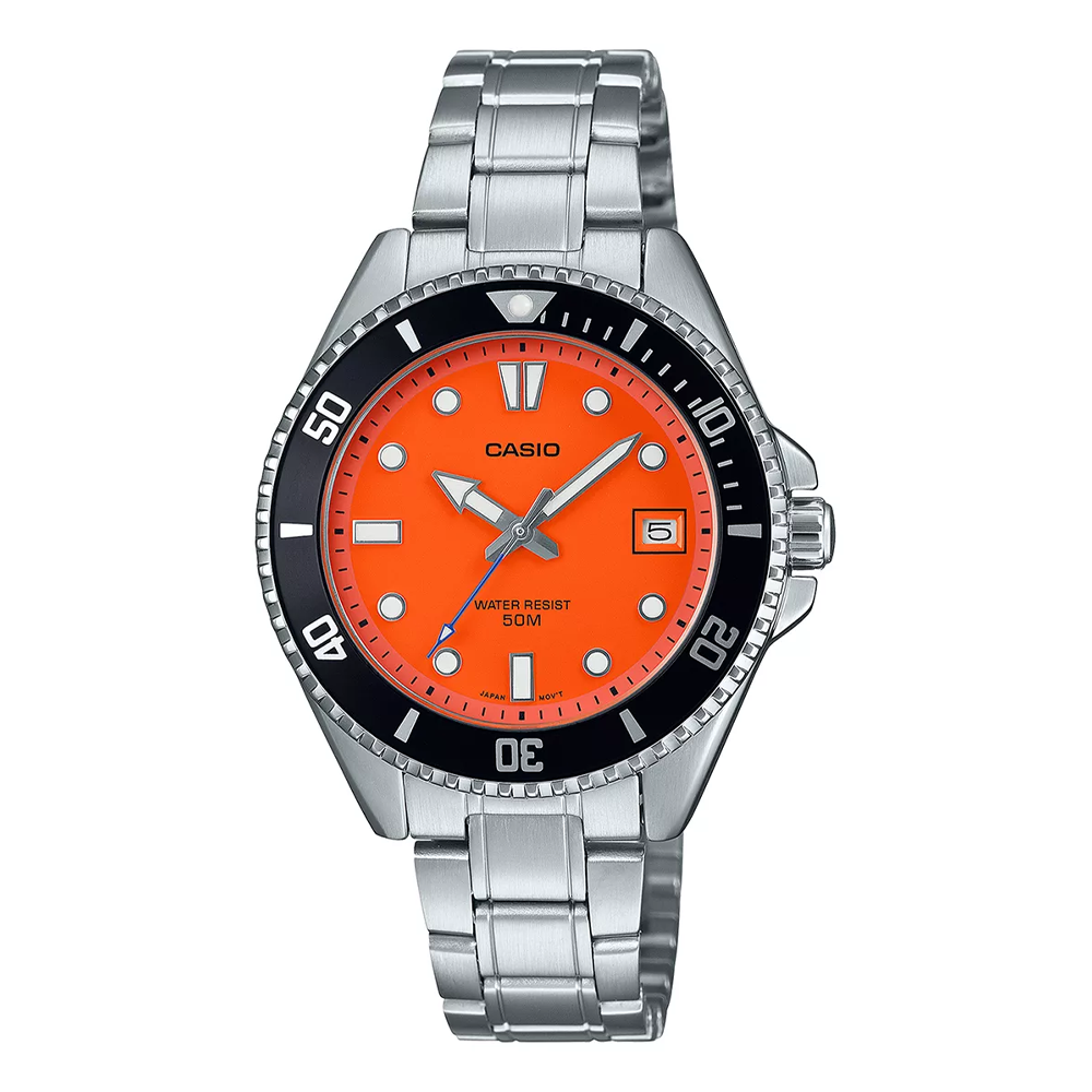 Reloj Hombre Casio Mdv-10d-4a1vdf Core Mens Correa Plateado Bisel Plateado Fondo Naranja